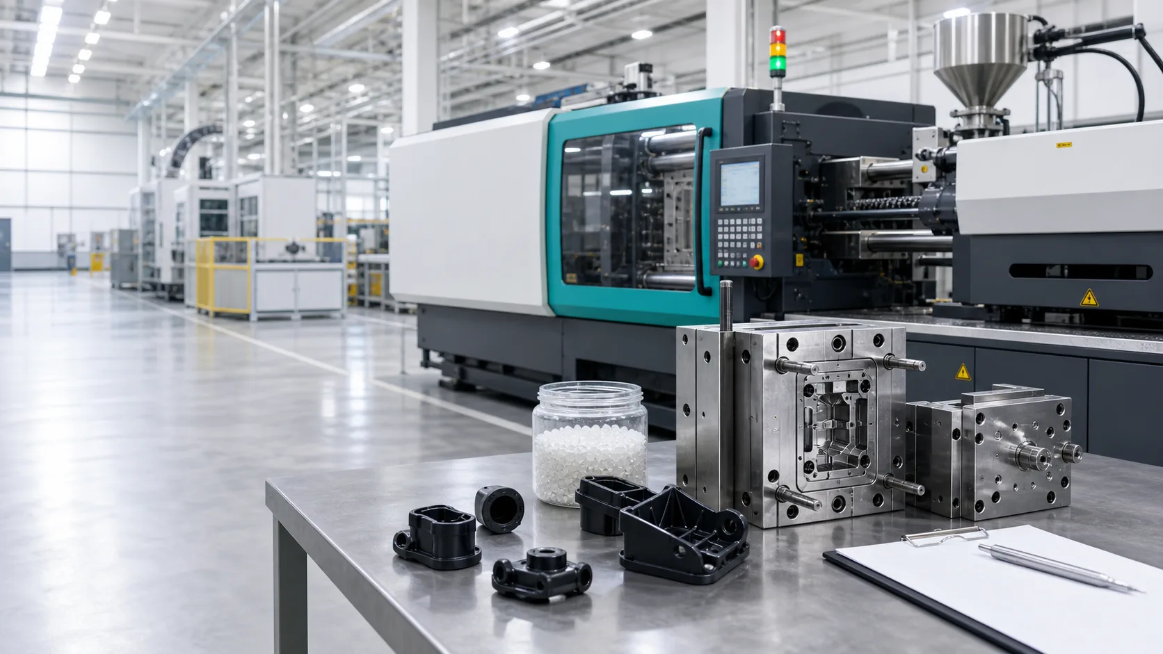 Injection molding machine, mold tooling and plastic parts